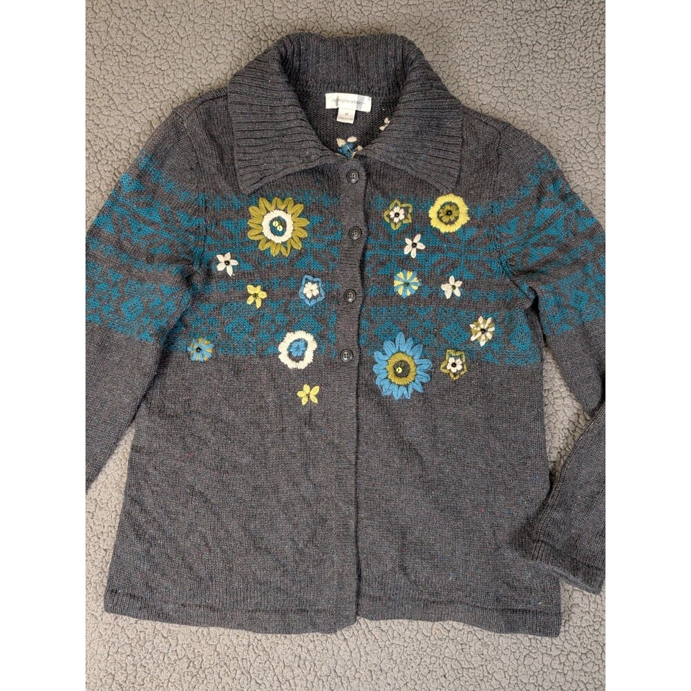 Christopher & Banks Cardigan Sz Medium Embroidered Button Front Sweater Flowers